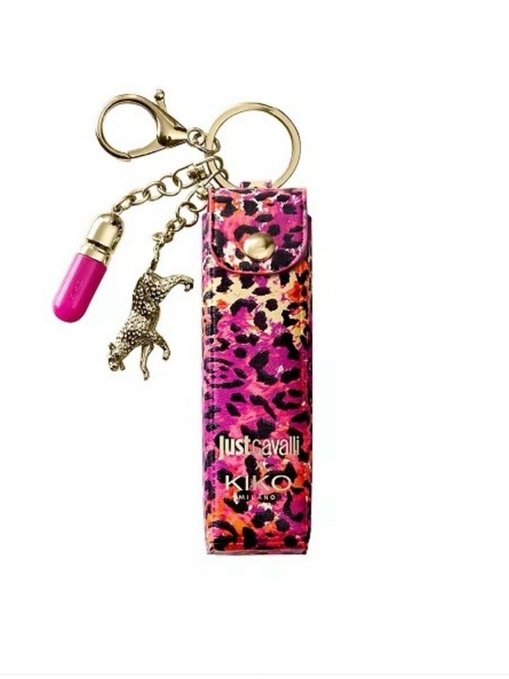 Just Cavalli Pink Leopard Key & Card Holder with Gold Charms
